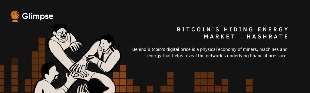 Glimpse banner titled Bitcoin's Hiding Energy Market - Hashrate, with three illustrated figures reaching toward each other beside orange hashrate bars.