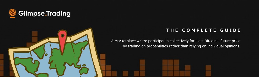 Banner for Glimpse.Trading announcing Bitcoin Prediction Markets: The Complete Guide, with a stylized map and location pin.