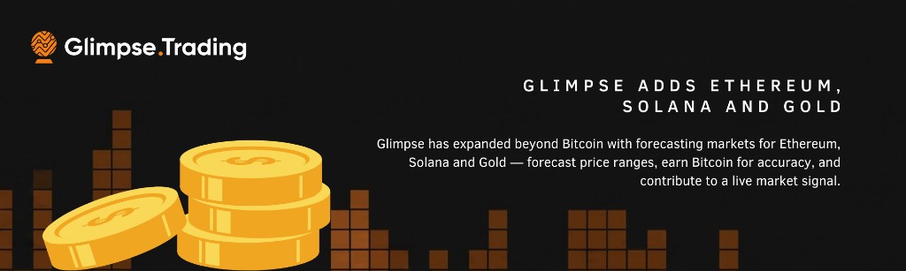 Banner for Glimpse.Trading announcing forecasting markets for Ethereum, Solana, and Gold, with a stack of gold coins.