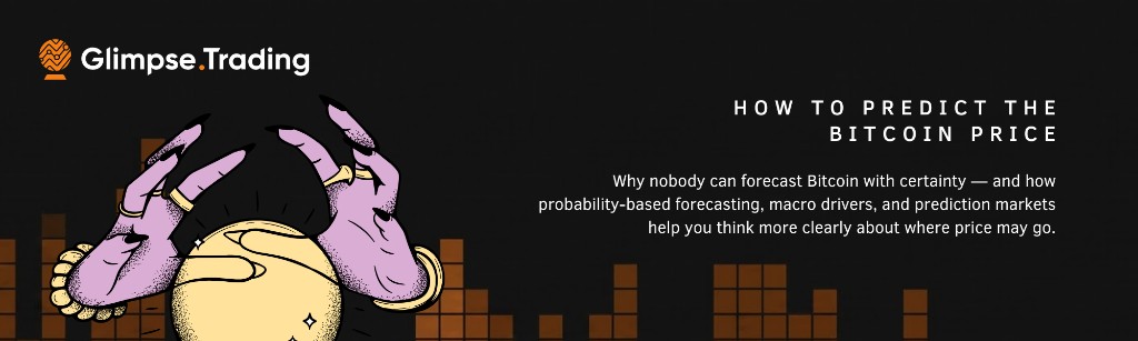 Banner for Glimpse.Trading on how to predict the Bitcoin price, with crystal ball illustration.